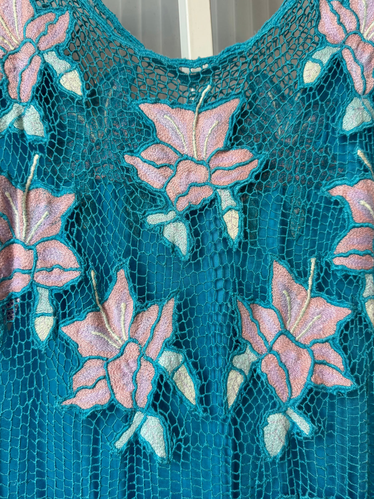 1970s Blue & Pink Floral Embroidered Dress