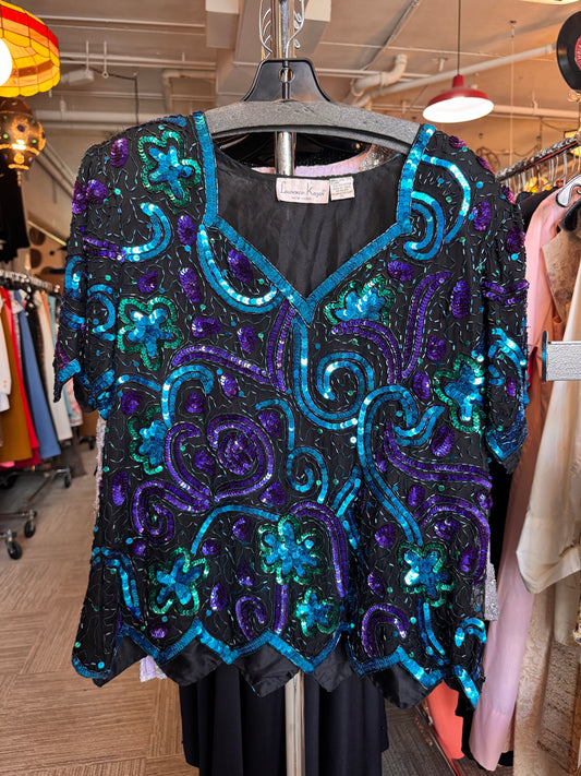1980s Blue & Black Sequin Top