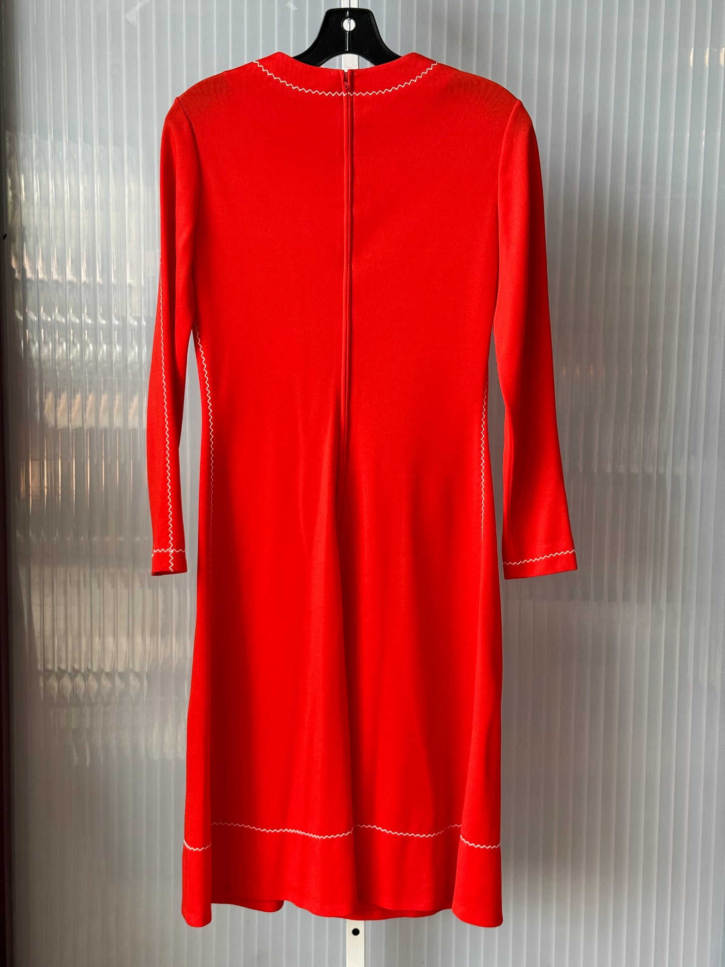 1970s Long Sleeve Red Dress w/ White Rik Rak Stitch
