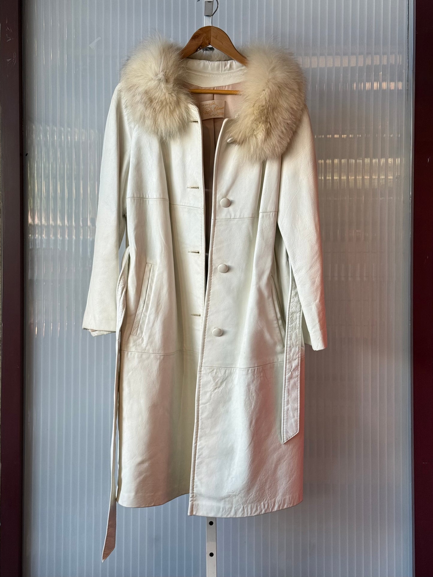 1970s White Leather Fur Collar Trench Coat