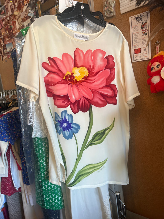1990s Cream 100% Silk Floral T-Shirt