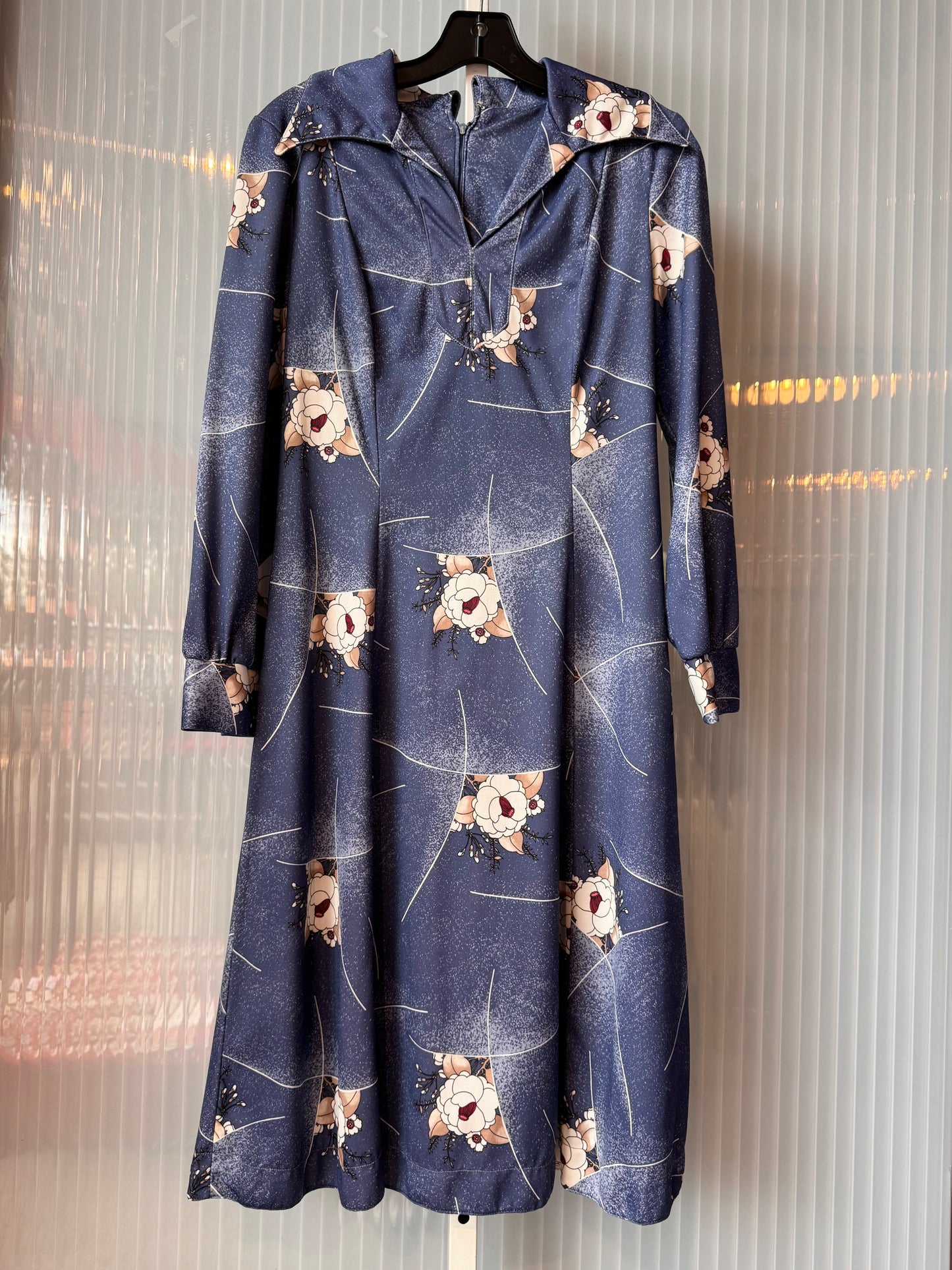 1970s Sears Slate Blue Floral Dress w/ Sash