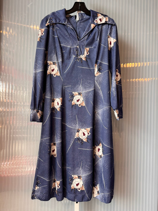 1970s Sears Slate Blue Floral Dress w/ Sash