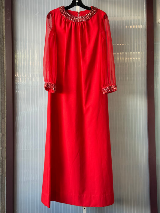 1970s Red Sheer-Sleeve Gown with Sequin Collar & Cuff