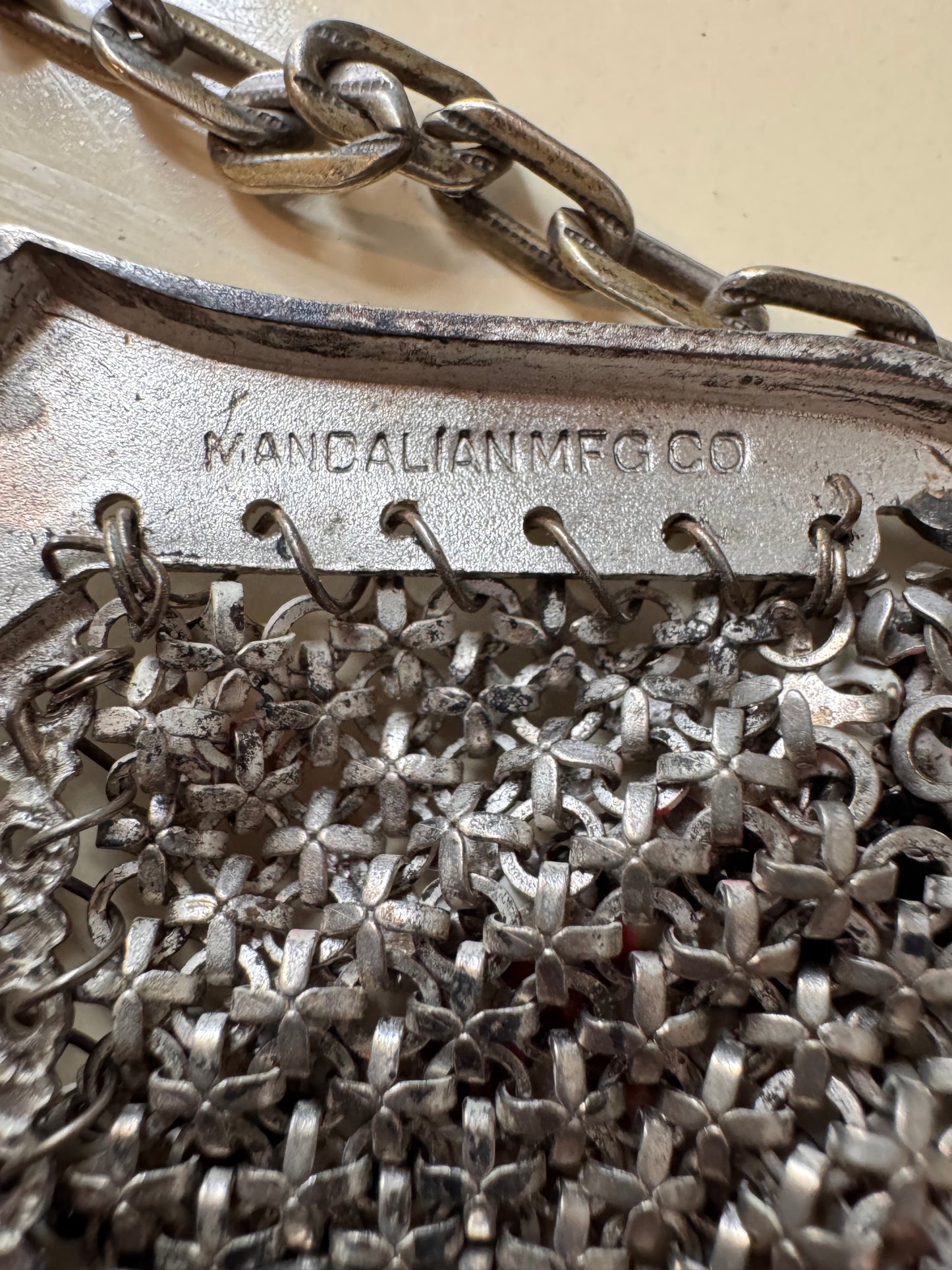 1920s Salmon Pink & White Metal Mesh Flapper Purse