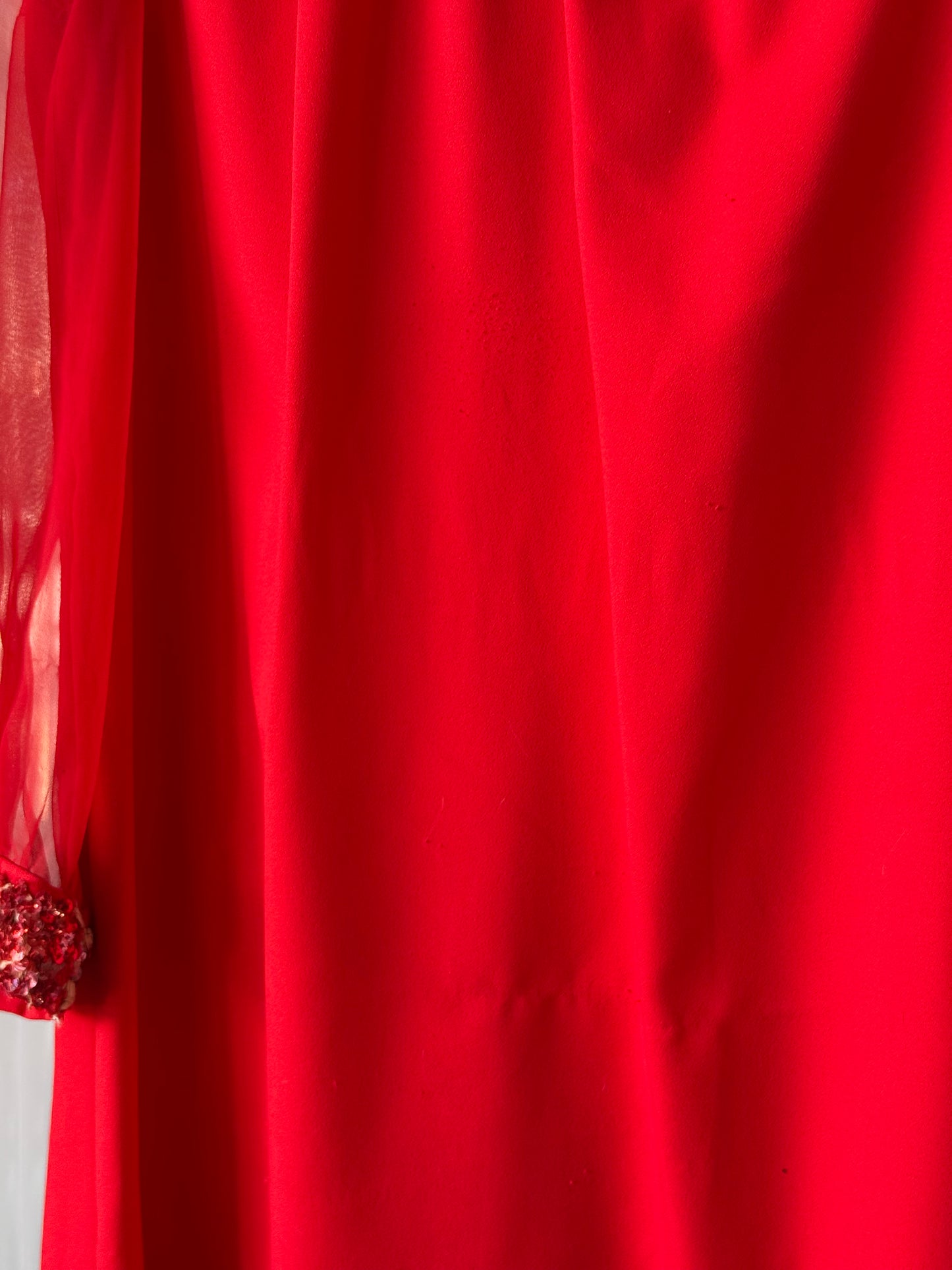 1970s Red Sheer-Sleeve Gown with Sequin Collar & Cuff
