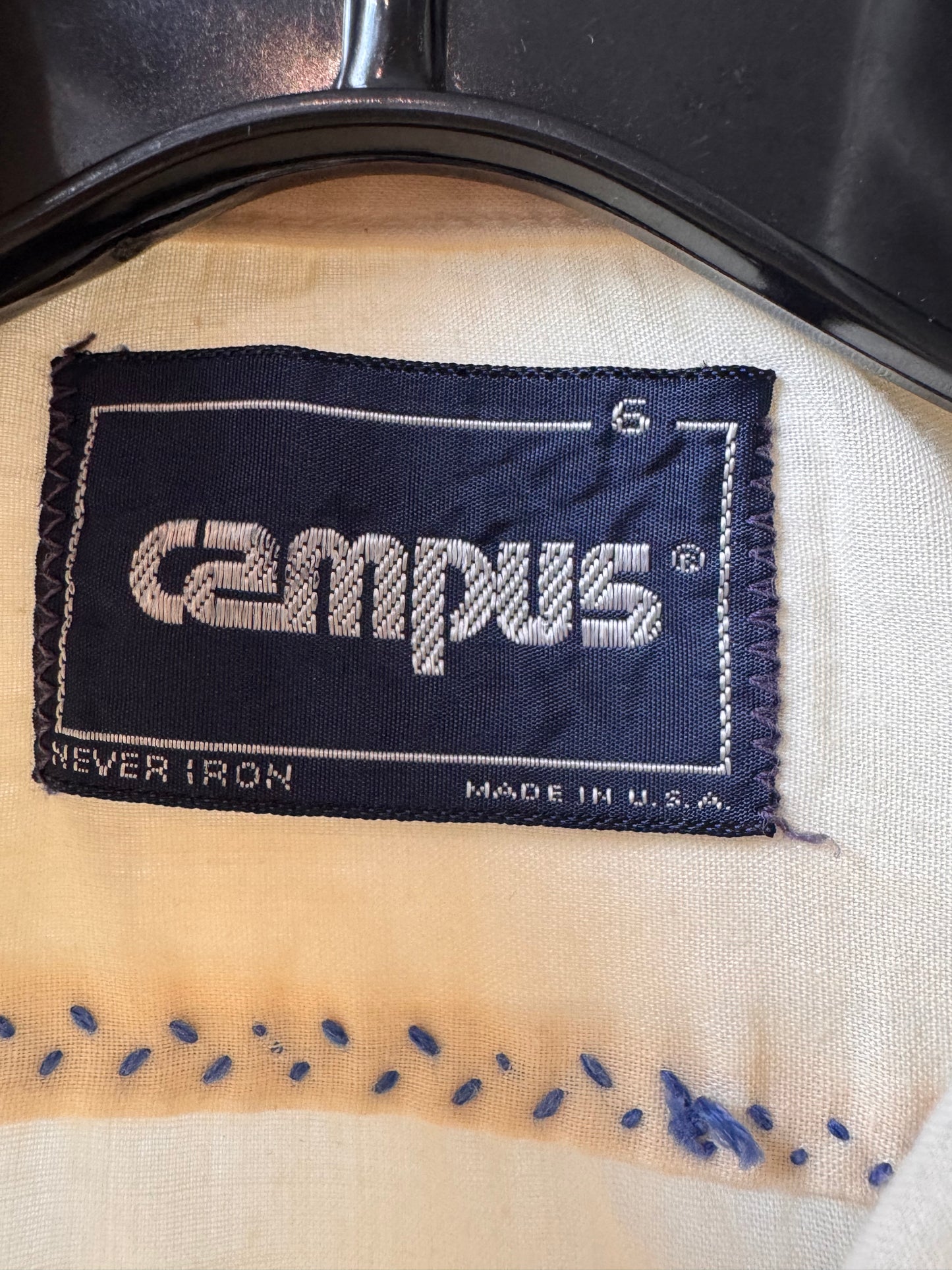 1970s Children's Cream Button-Up Shirt with Blue Fishbone Stitch