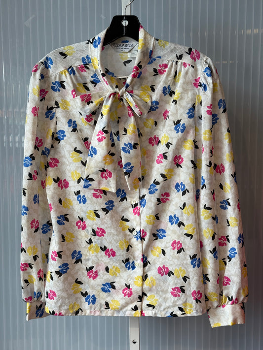 1980s Pussy Bow Blouse with Primary Floral Print