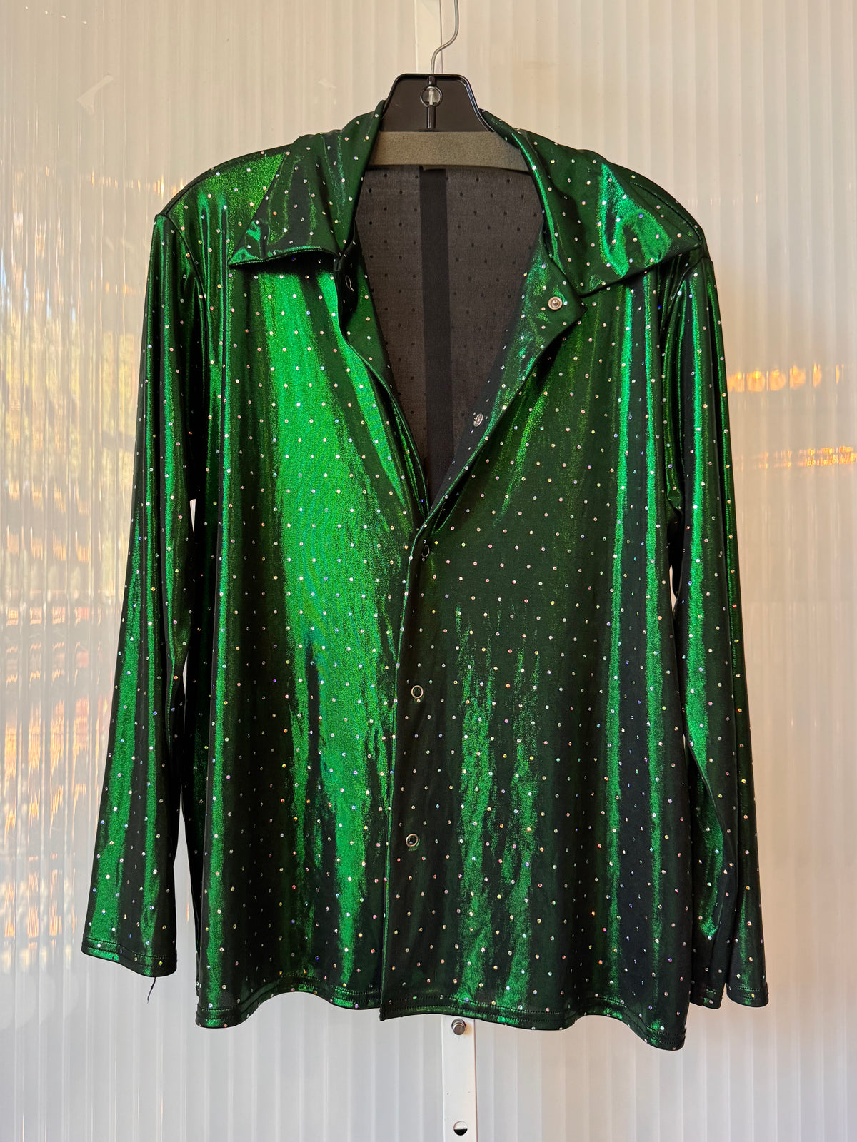 1990s Bedazzled Metallic Green 1970s-Costume Disco Shirt