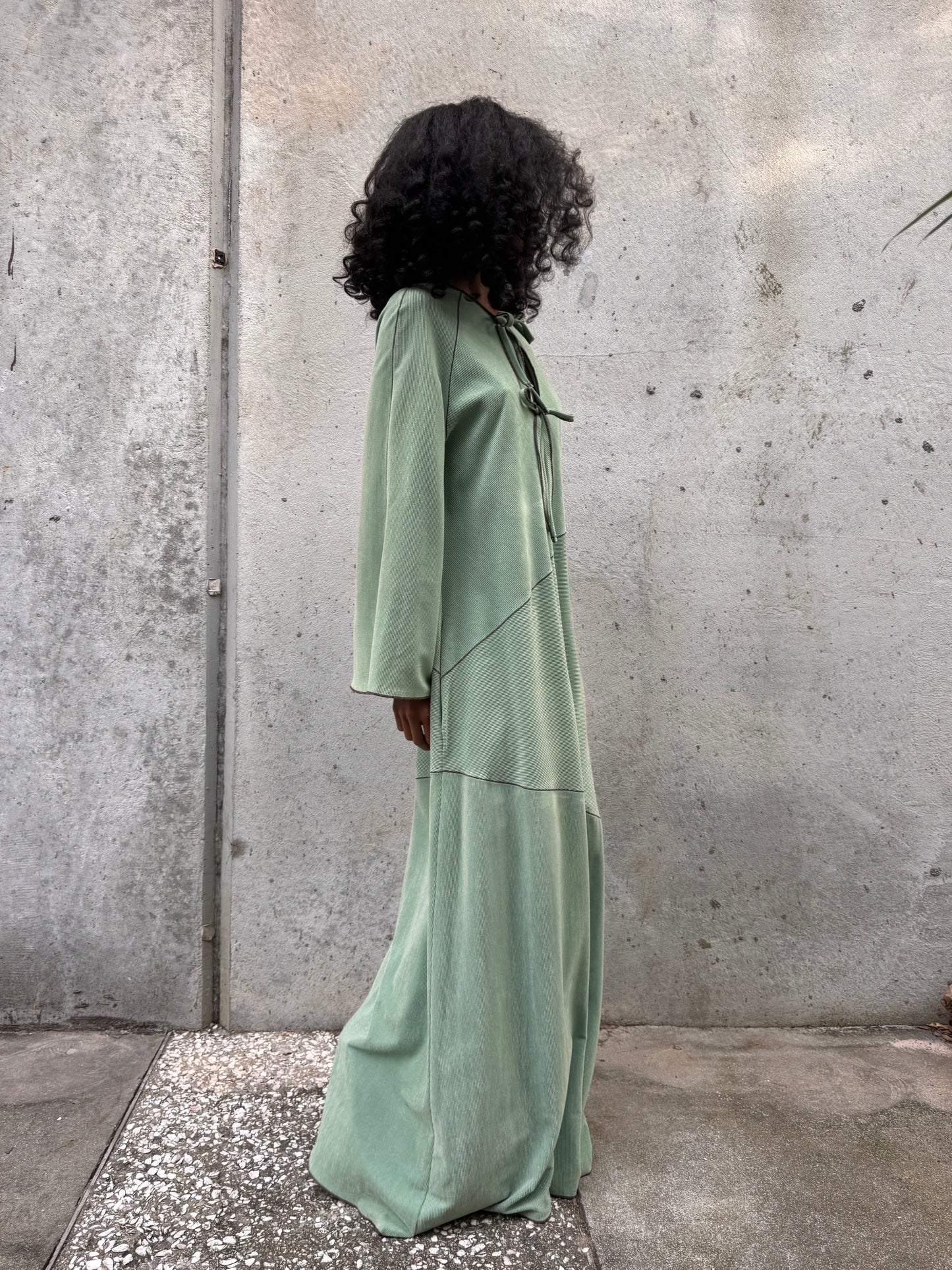 1970s Sage Green Dress with Brown Stitching