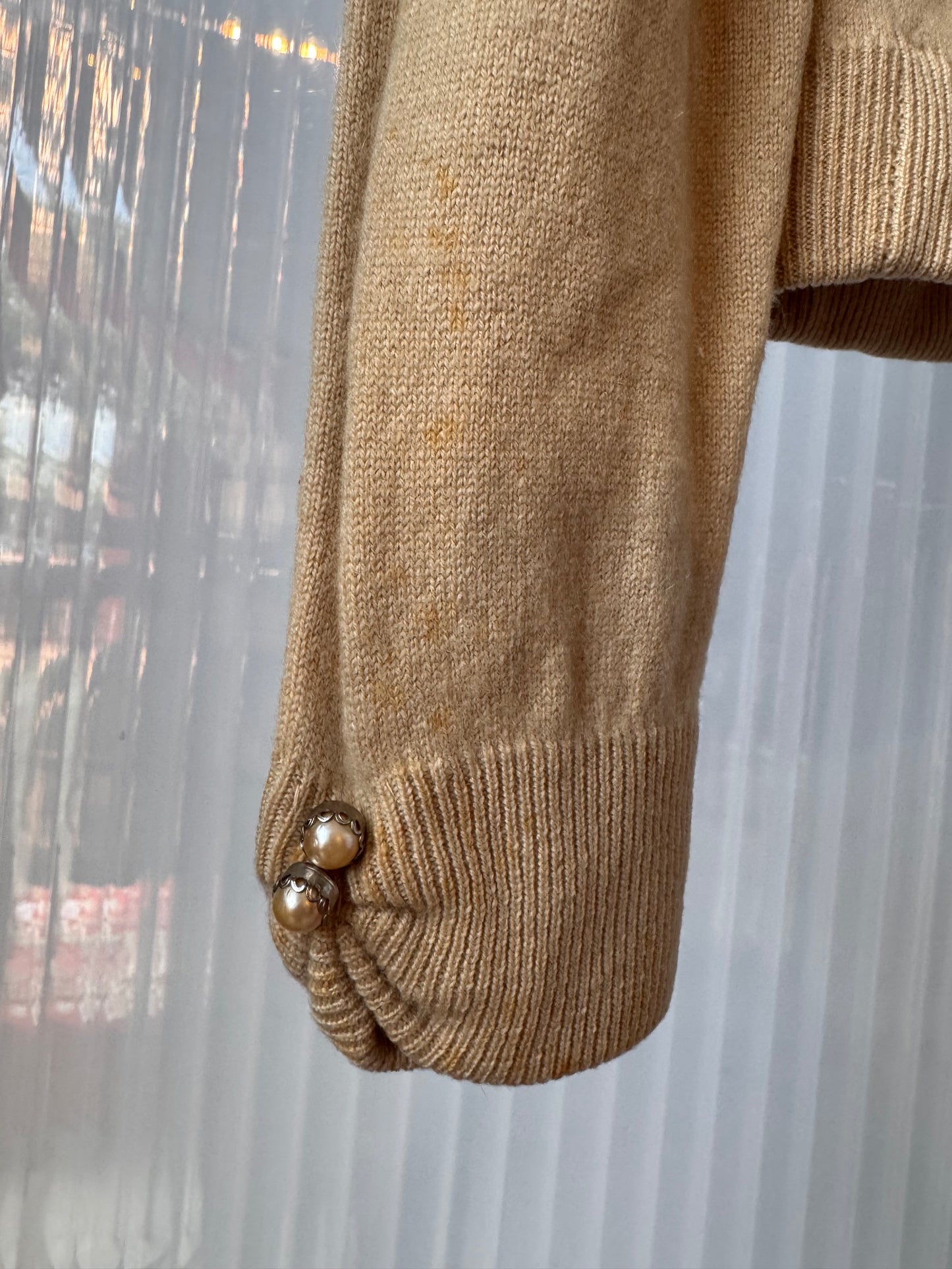 1950s Brown Fur Collar Tan Knit Sweater