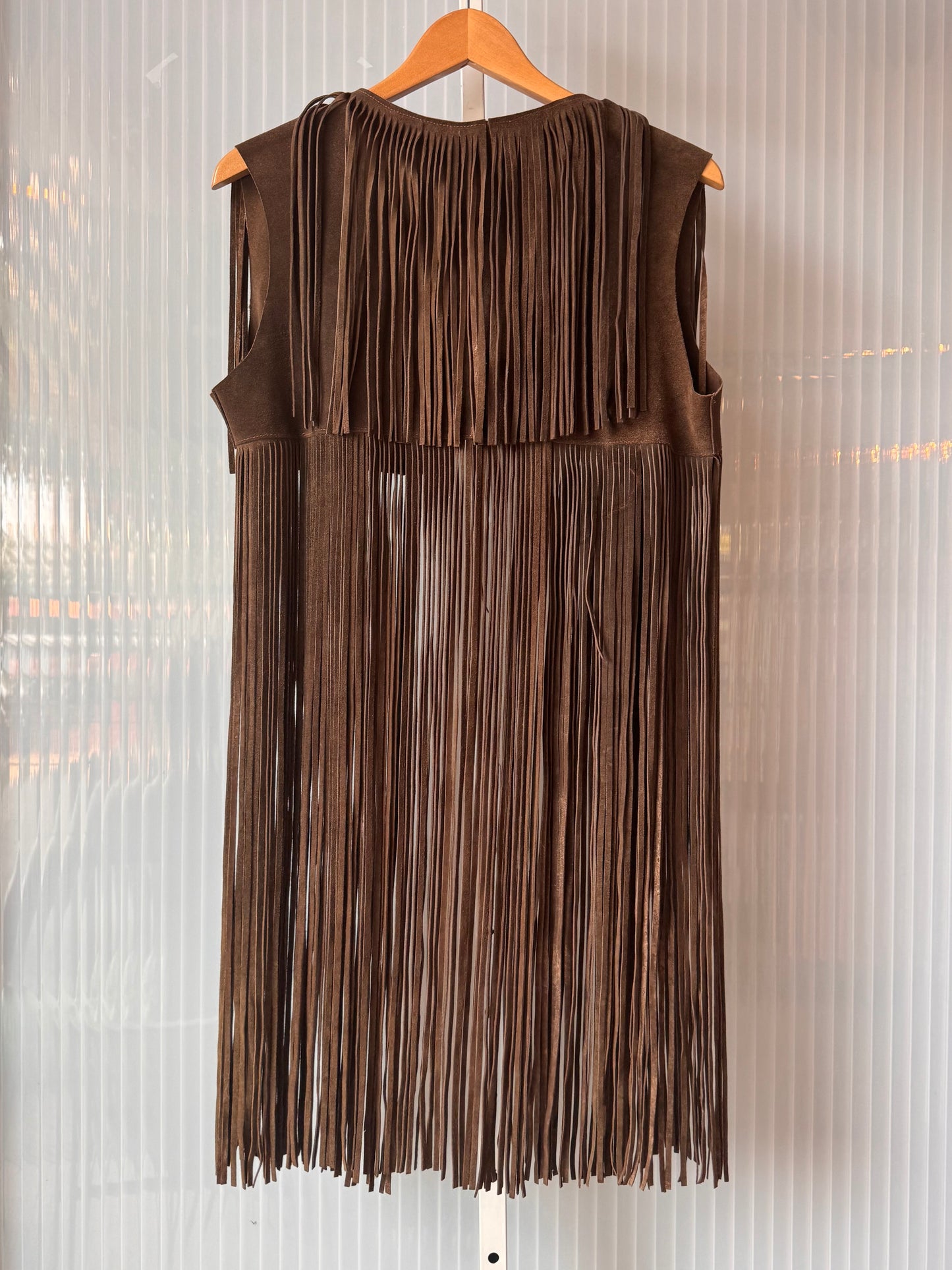 1970s Chocolate Suede Leather Vest w/ Long Fringe