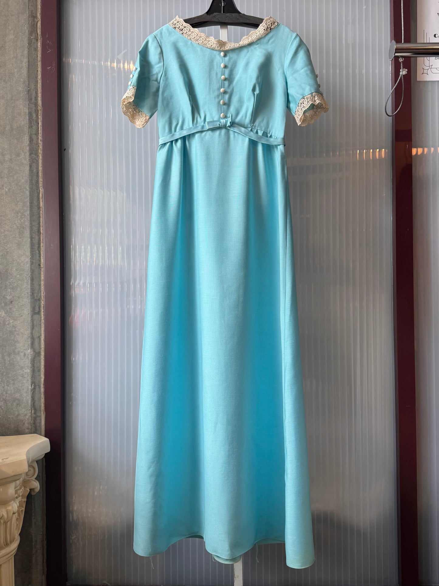 1960s Robins-Egg-Blue Empire-Waist Dress with Lace Trim