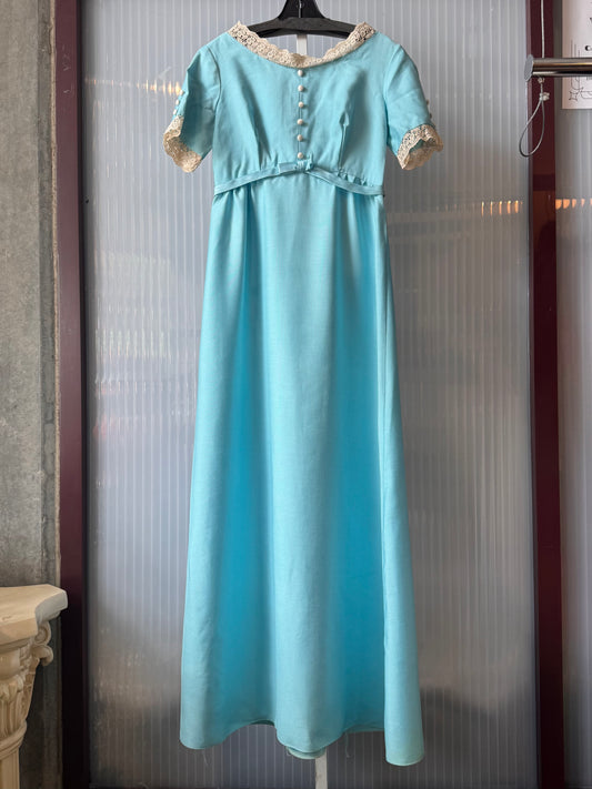 1960s Robins-Egg-Blue Empire-Waist Dress with Lace Trim