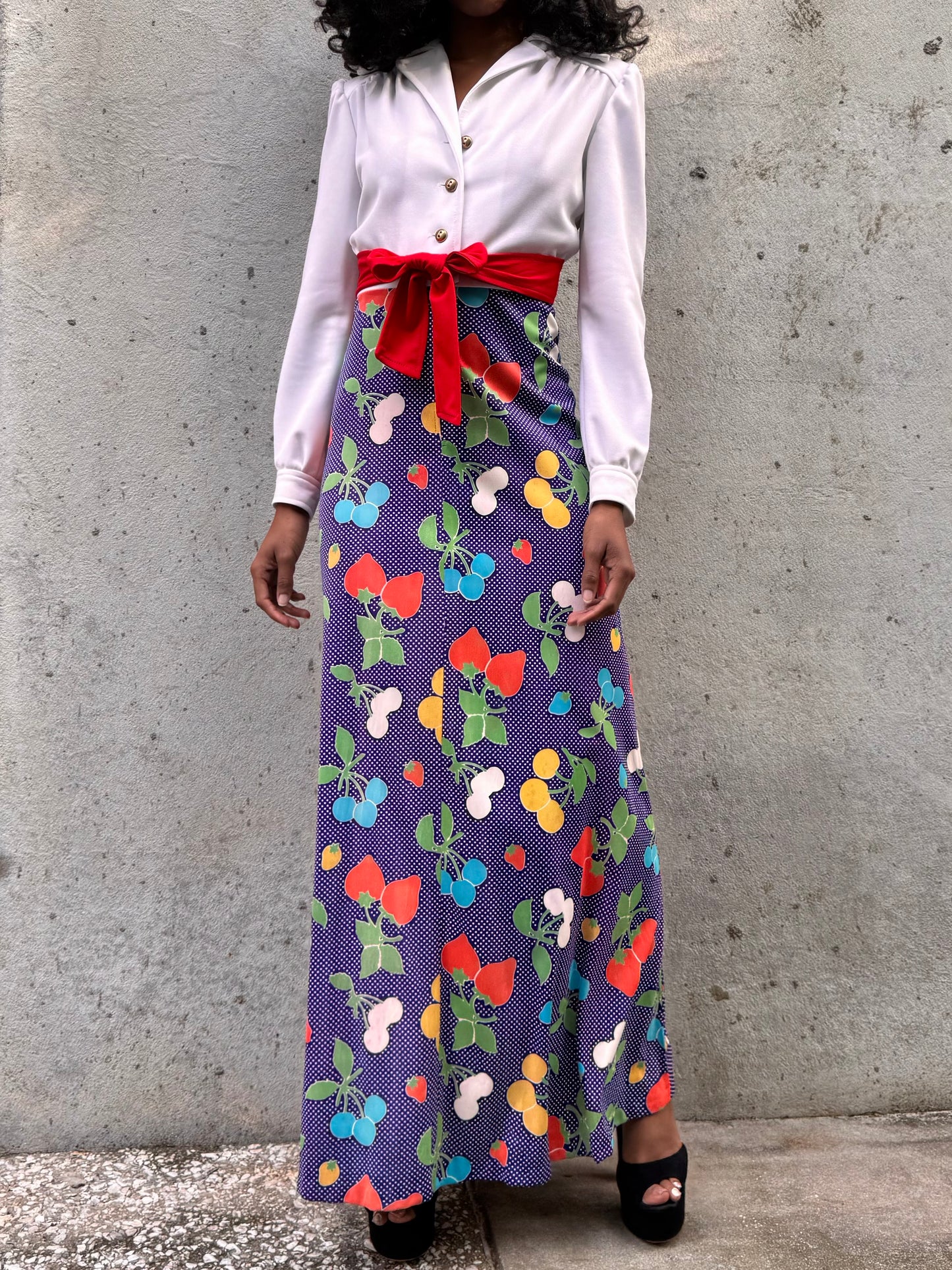 1970s White Purple & Red Maxi Dress