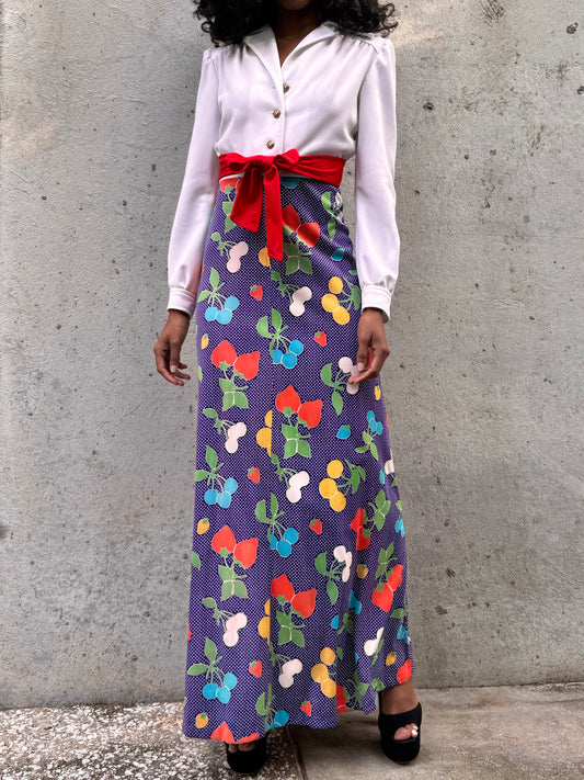 1970s White Purple & Red Maxi Dress