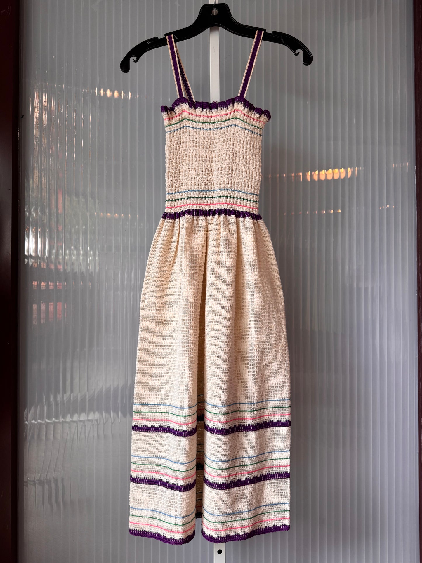 1960s Cream & Purple Smocked Knit Dress