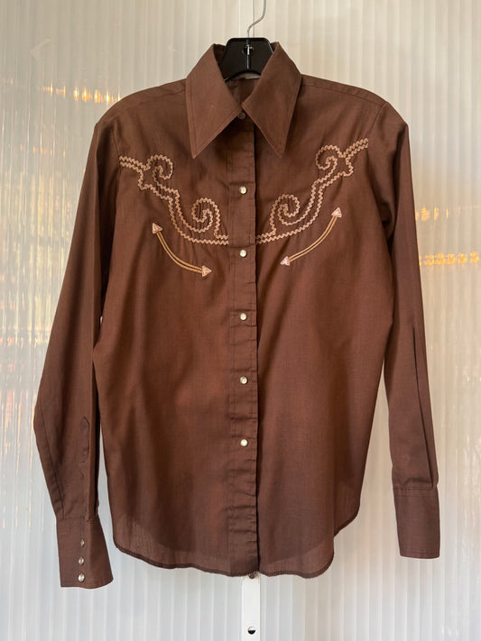1970s Brown & Tan Ric-rak Western Pearl-Snap Shirt