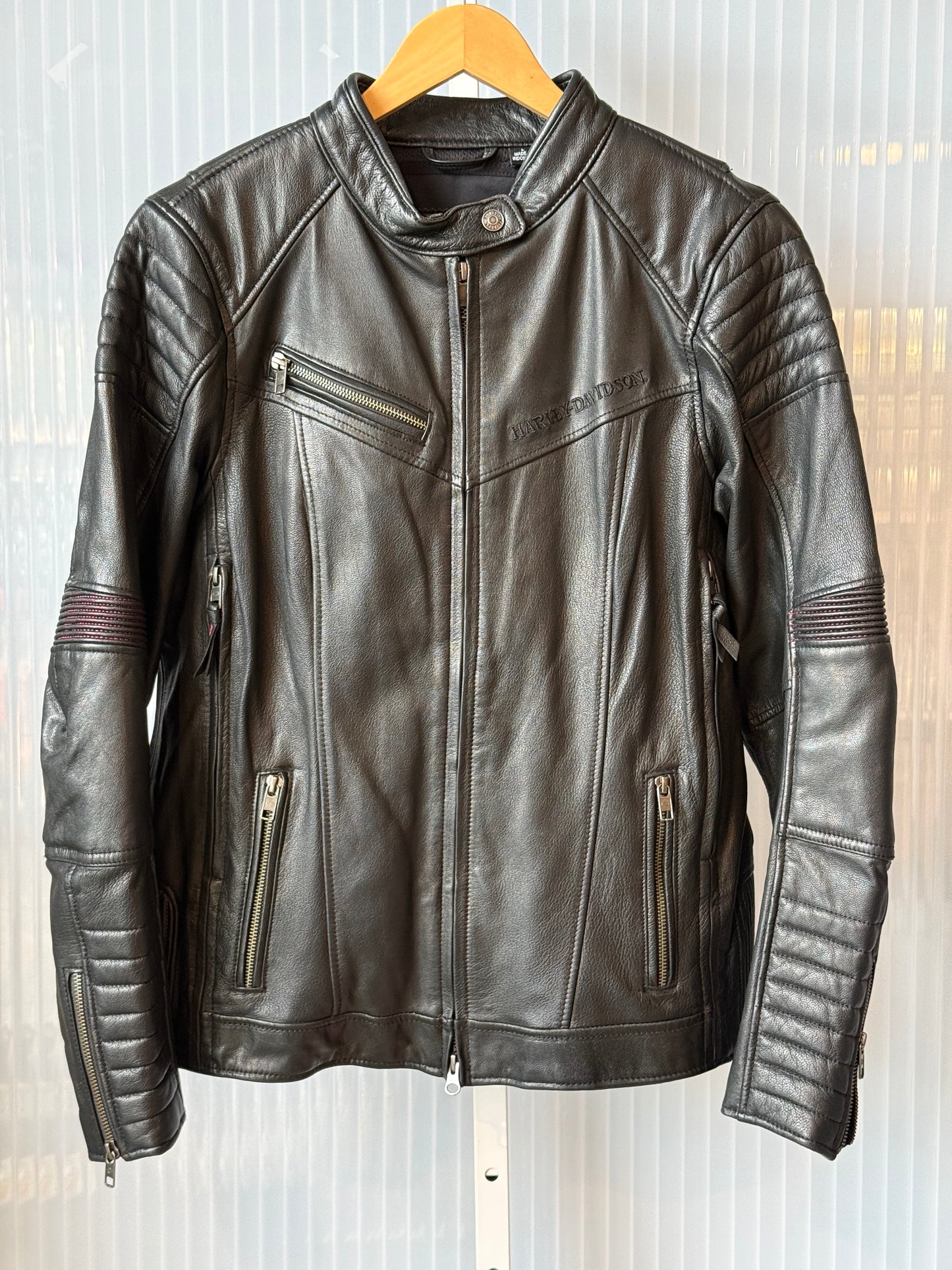 Leather Harley Davidson Moto Jacket w/ Pink Rhinestone Skull