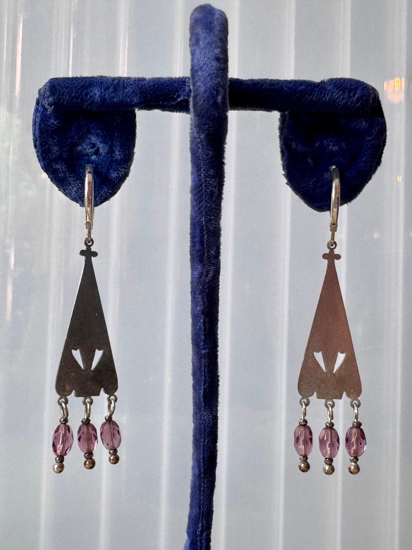 1980s does Art Nouveau Purple Czech Glass Silver Earrings