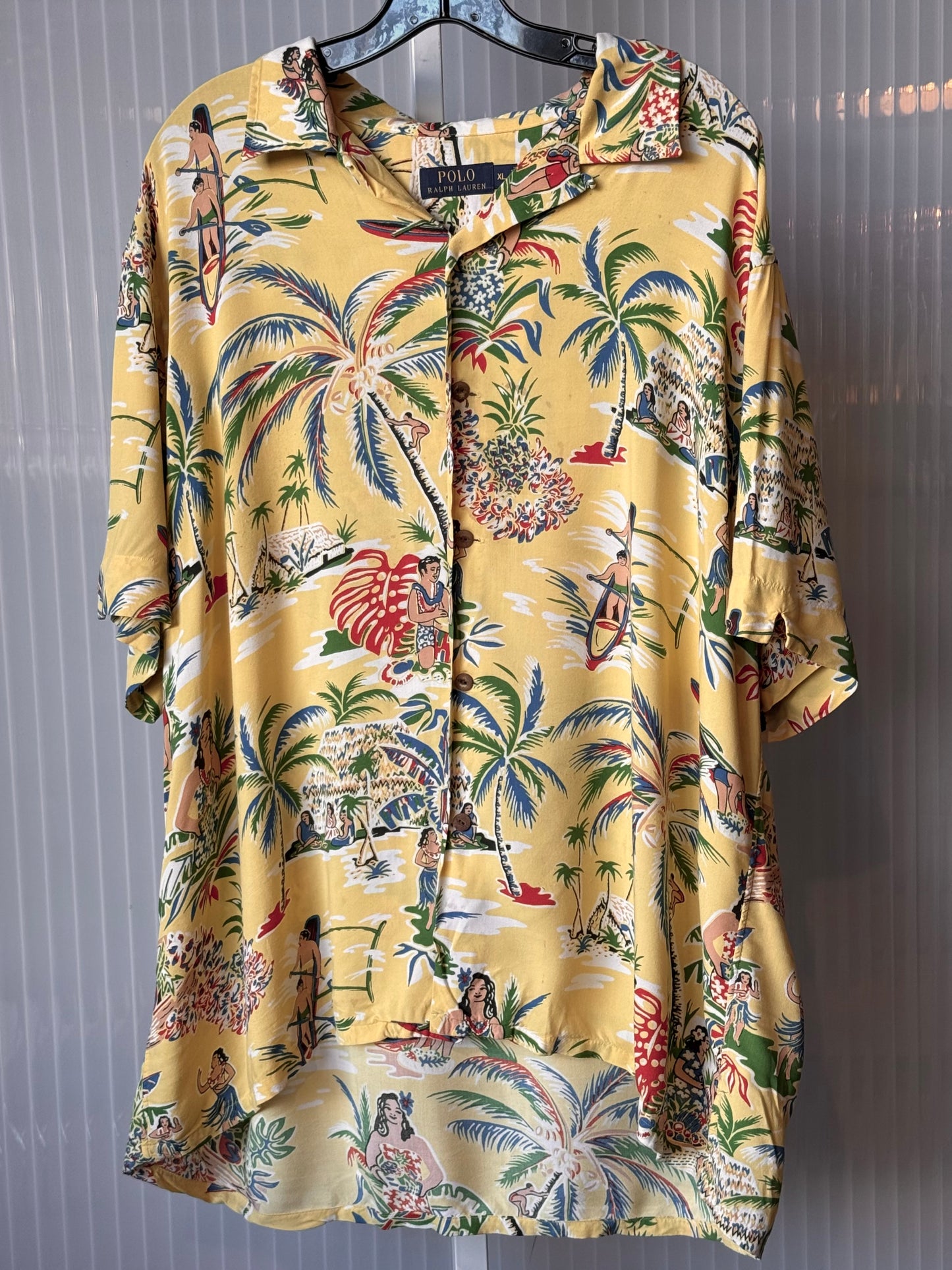 2000s Yellow Polo Hawaiian Print Collared Shirt