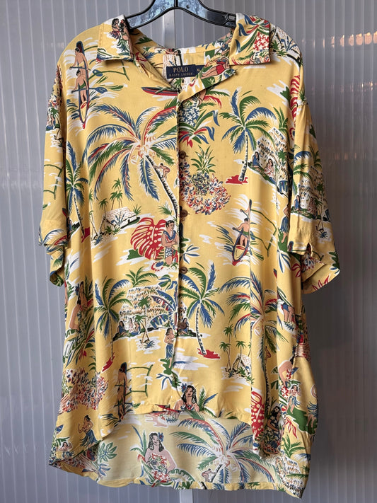 2000s Yellow Polo Hawaiian Print Collared Shirt