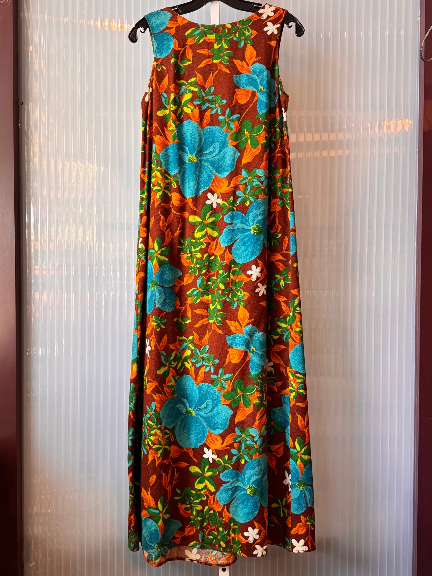 1960s Brown Orange Green Hawaiian Dress