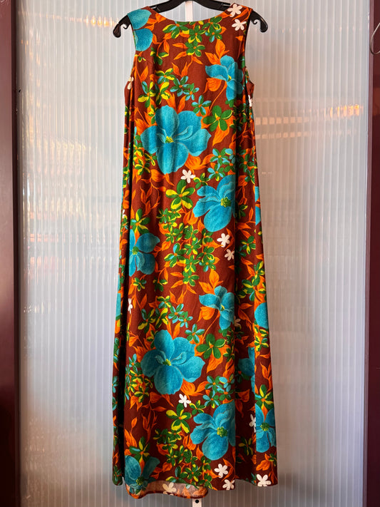 1960s Brown Orange Green Hawaiian Dress