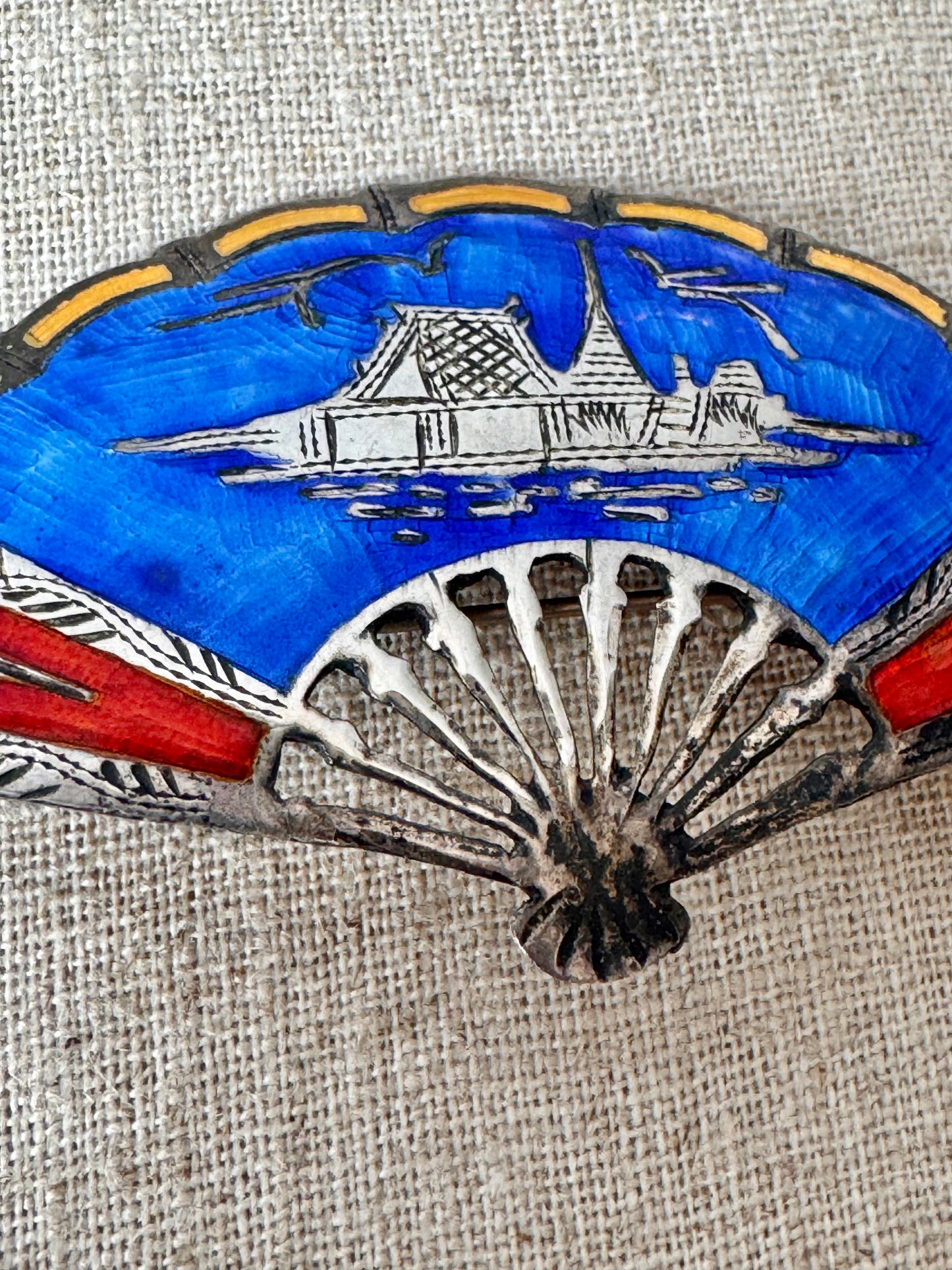 1950s Siam Blue Enamel Silver Fan Brooch