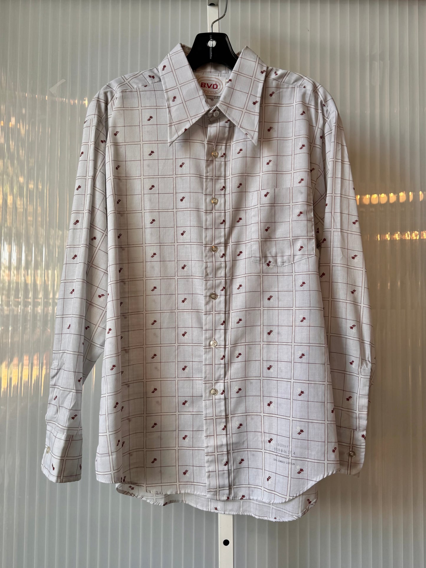 1970s Gray & Red Windowpane Point-collar Shirt