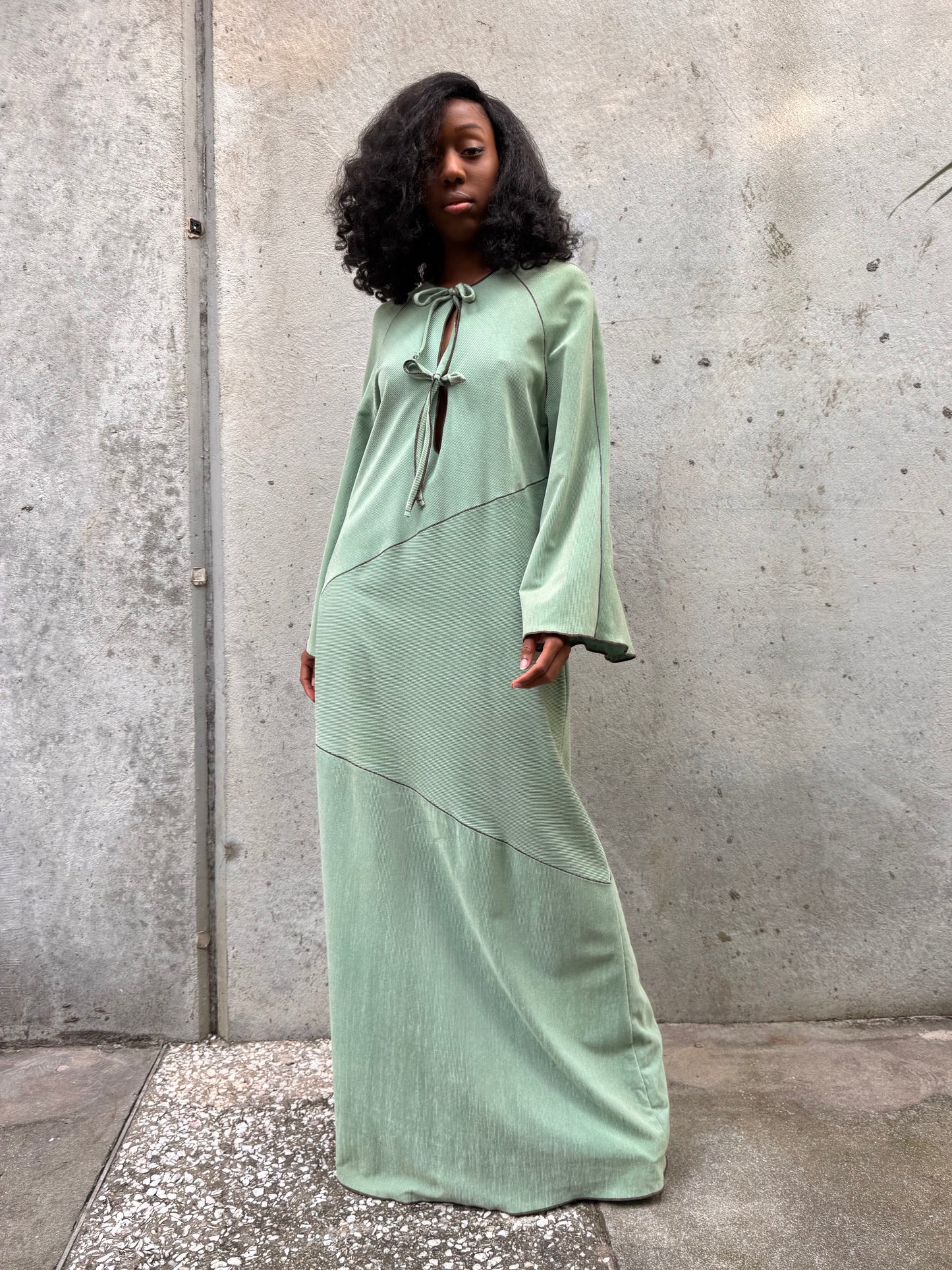 1970s Sage Green Dress with Brown Stitching