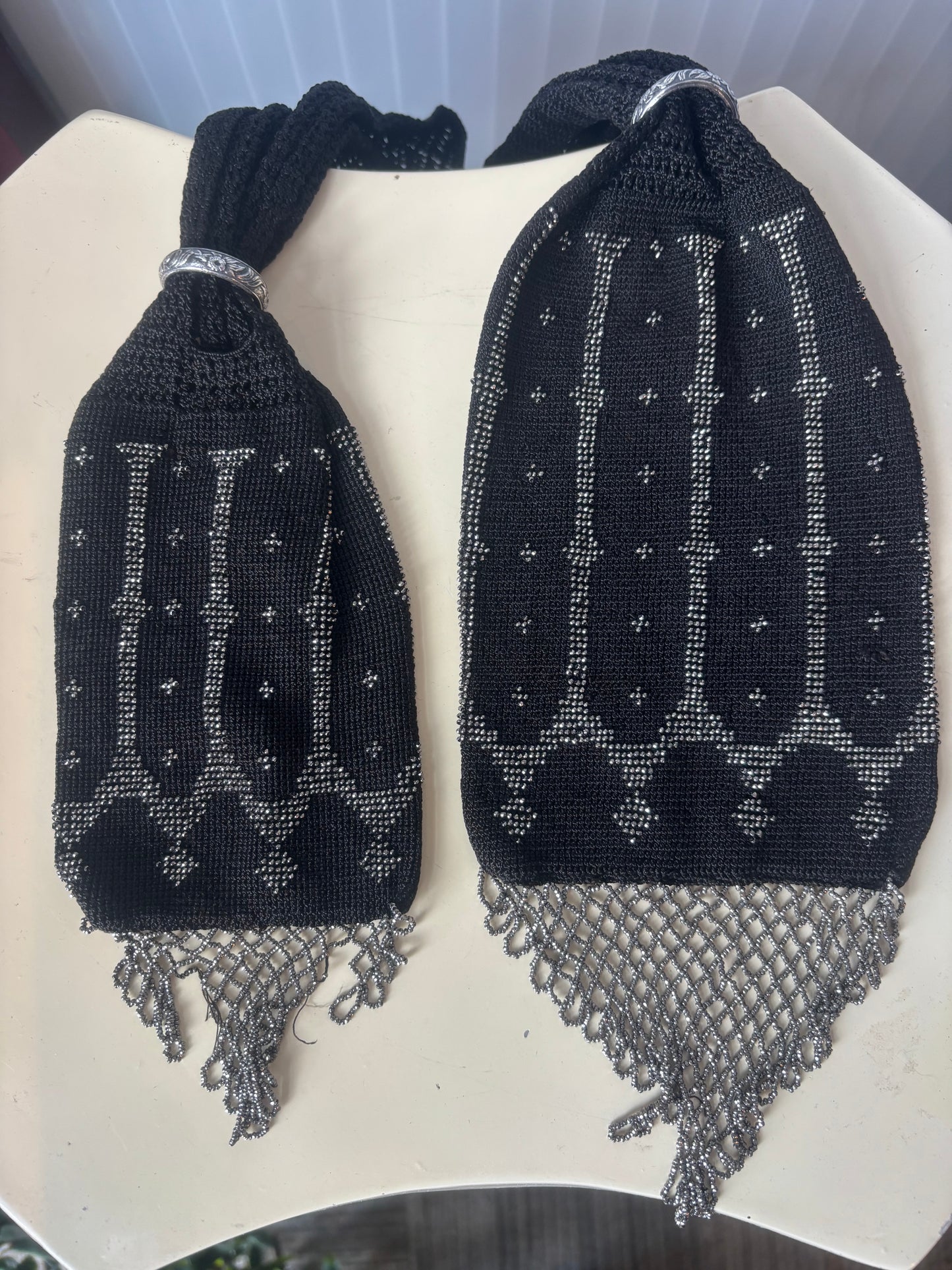 Victorian Black Knitted Silver Bead Miser Purse
