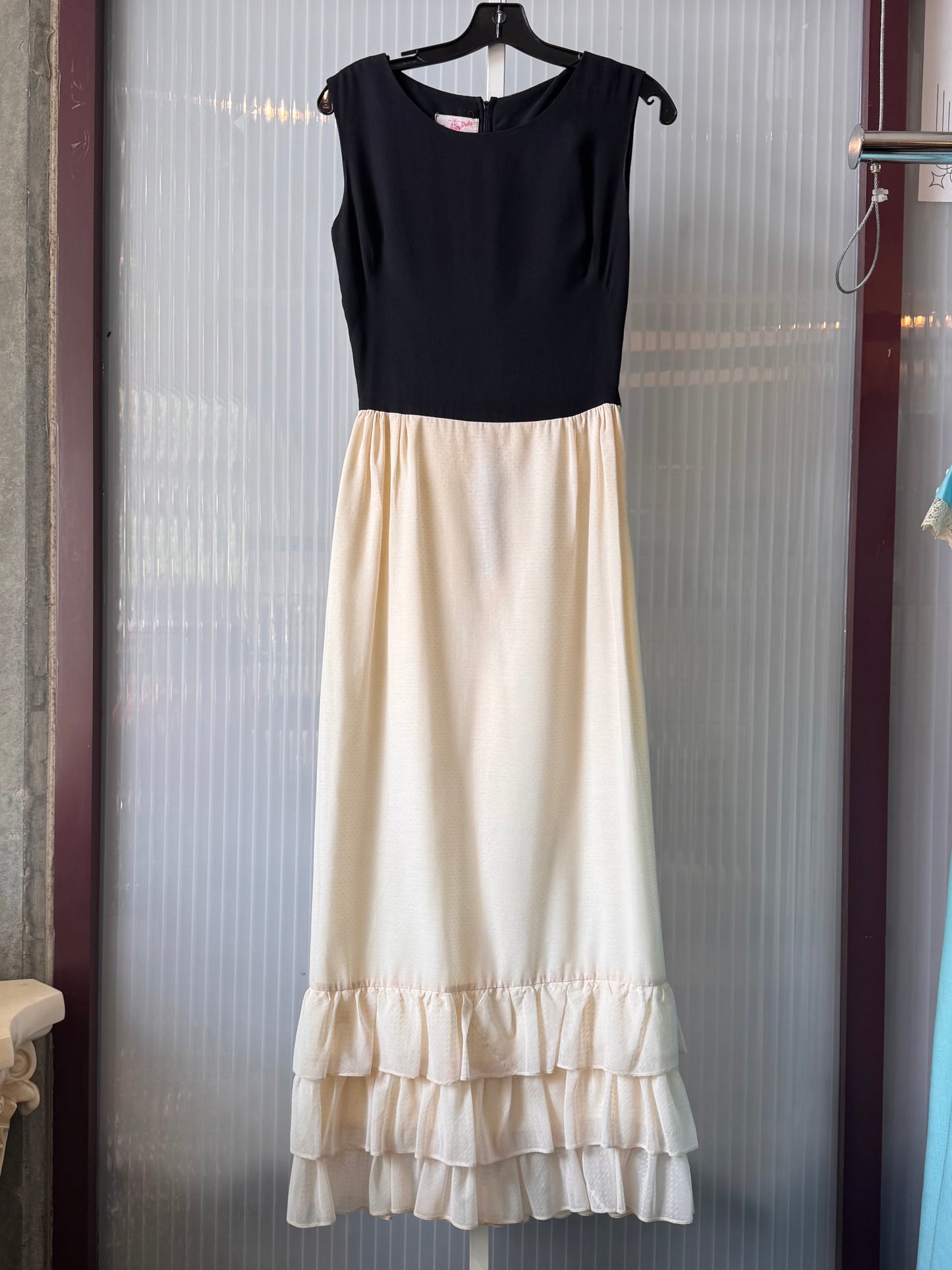 1970s Black & White Maxi Dress with Ruffle Hem