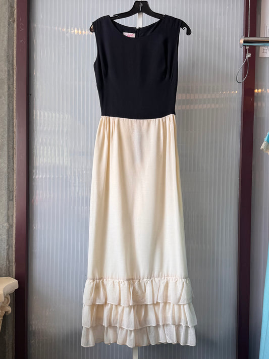 1970s Black & White Maxi Dress with Ruffle Hem