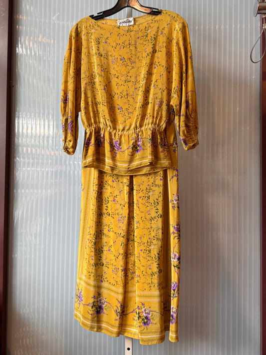 1980s Mustard Yellow & Lilac Floral Blouse & Skirt Set
