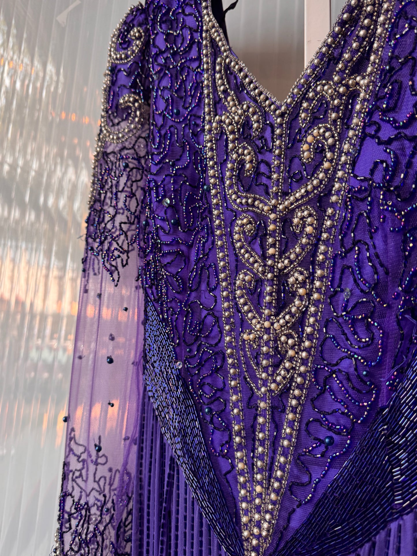 1980s Indigo Purple Sparkly Beaded Formal Gown