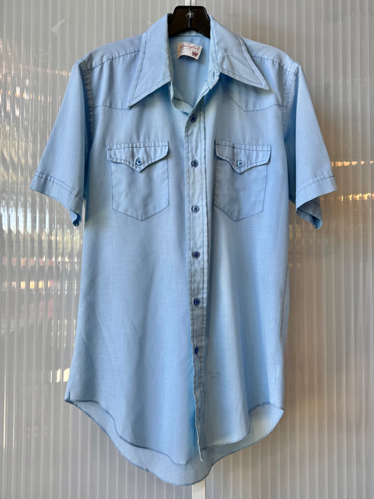 1970s Wrangler Blue Short Sleeve Button-Up Shirt