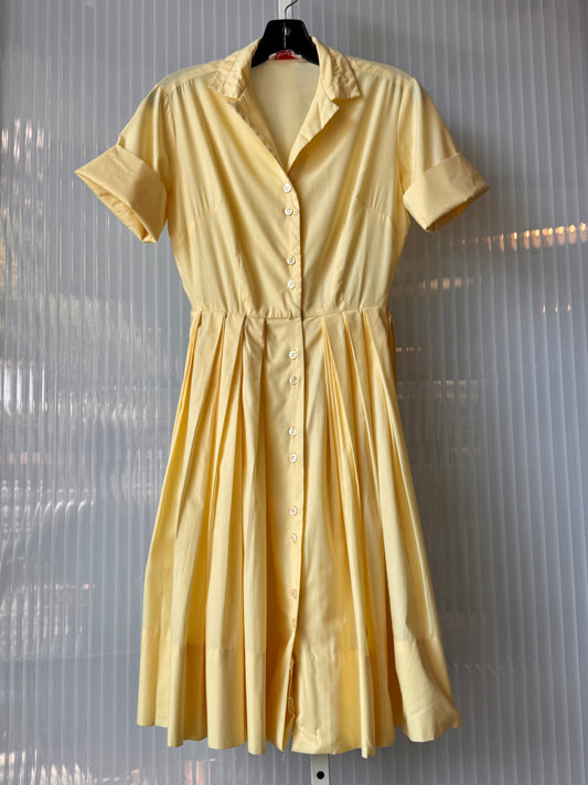 1960s Butter Yellow Pleated Shirtwaist Dress