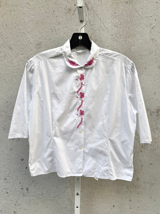 1960s White Collared Shirt w/ Pink Embroidery
