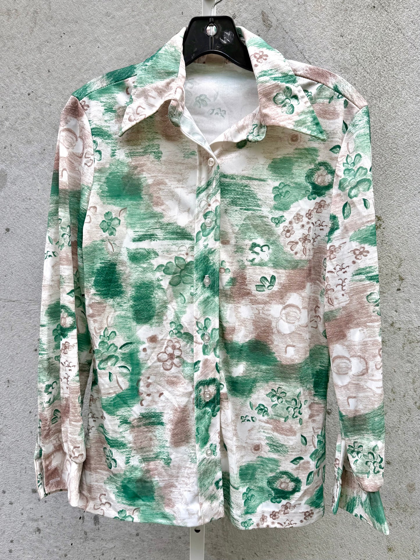 1970s Green & Tan Floral Collared Blouse
