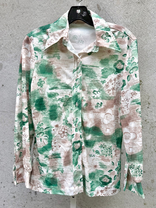 1970s Green & Tan Floral Collared Blouse