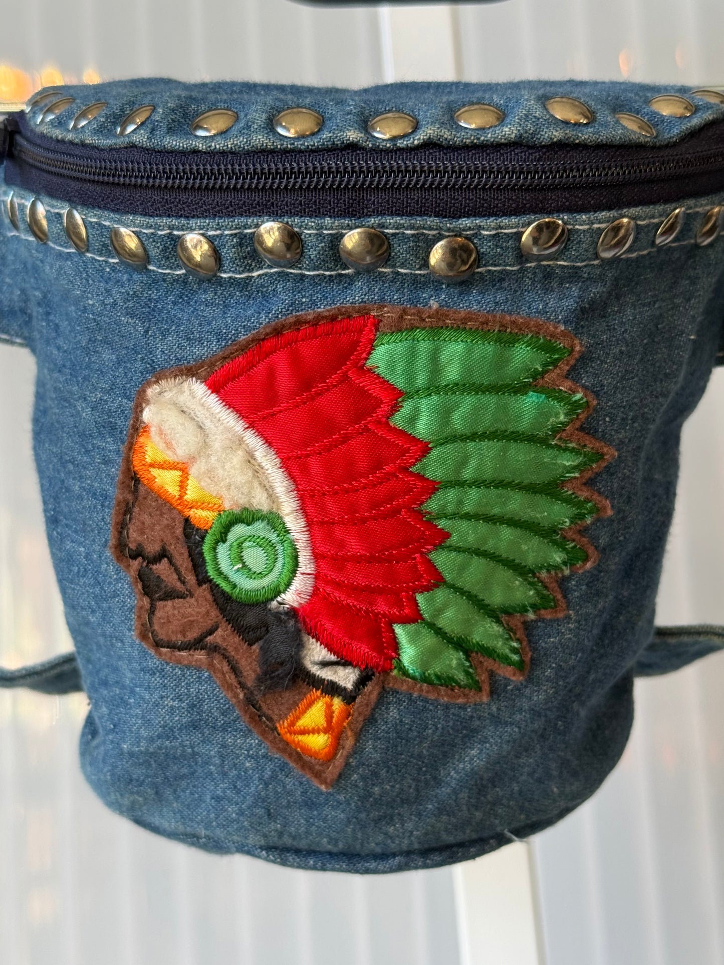 Blue Denim Zip Waist Pouch with Native Patch