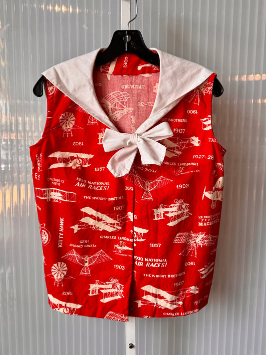 1970s Red & White Airplane Print Sailor Blouse