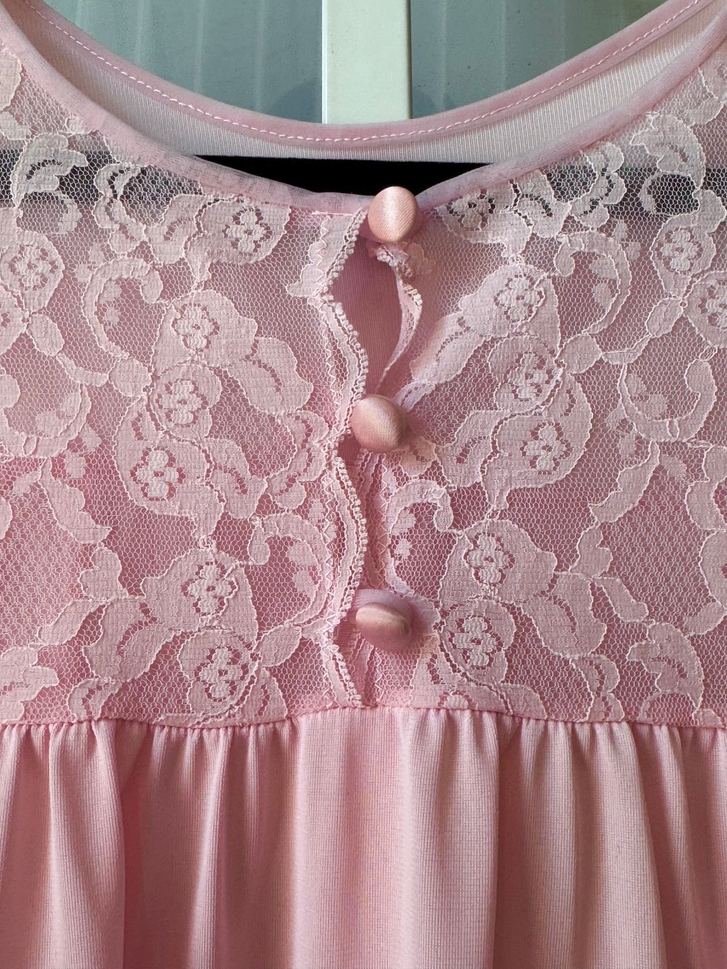 1970s Pink Lace Nightgown with Satin Buttons