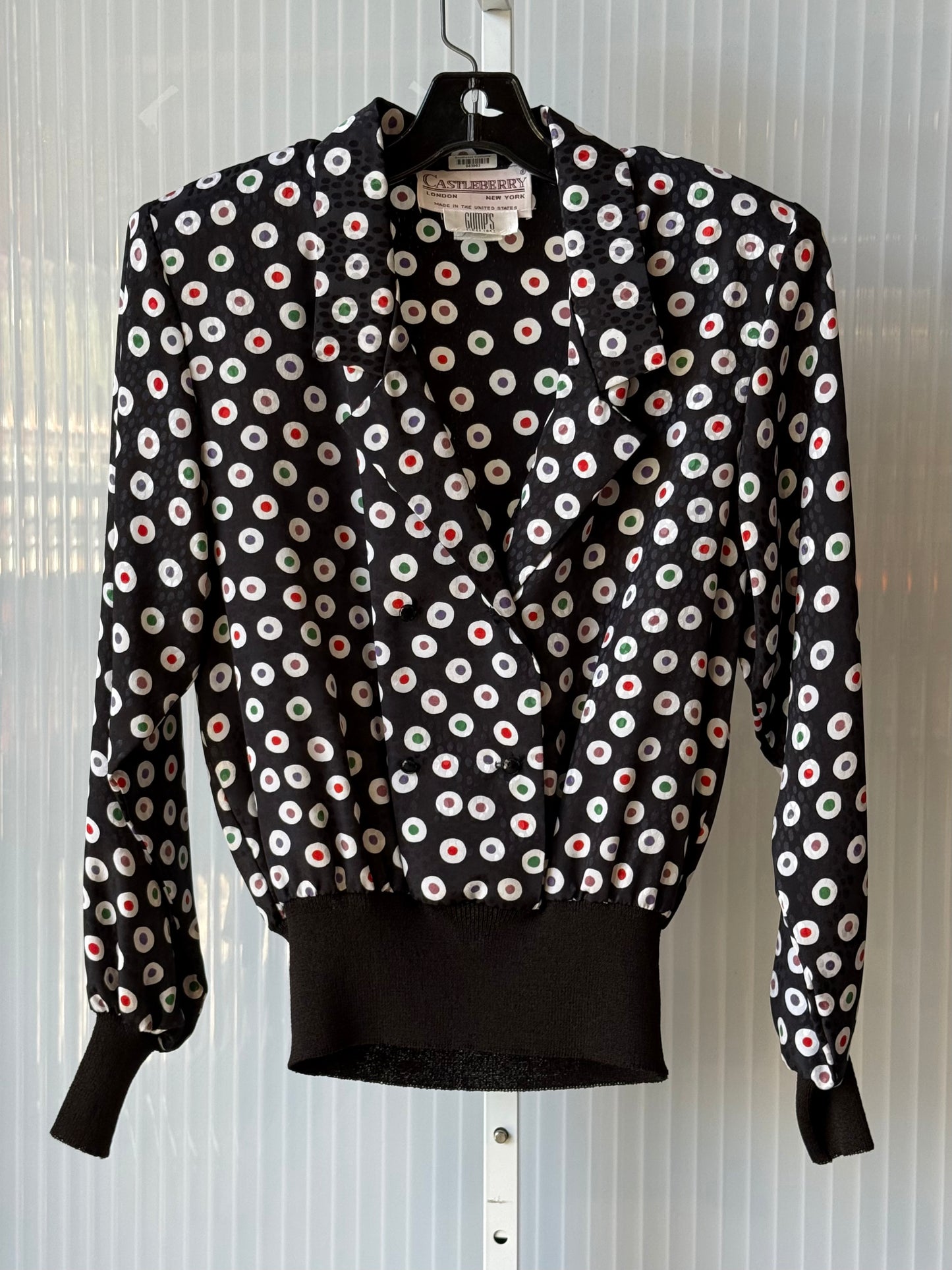 1980s Multicolor Dot Pattern Black Satin Top & Skirt Set