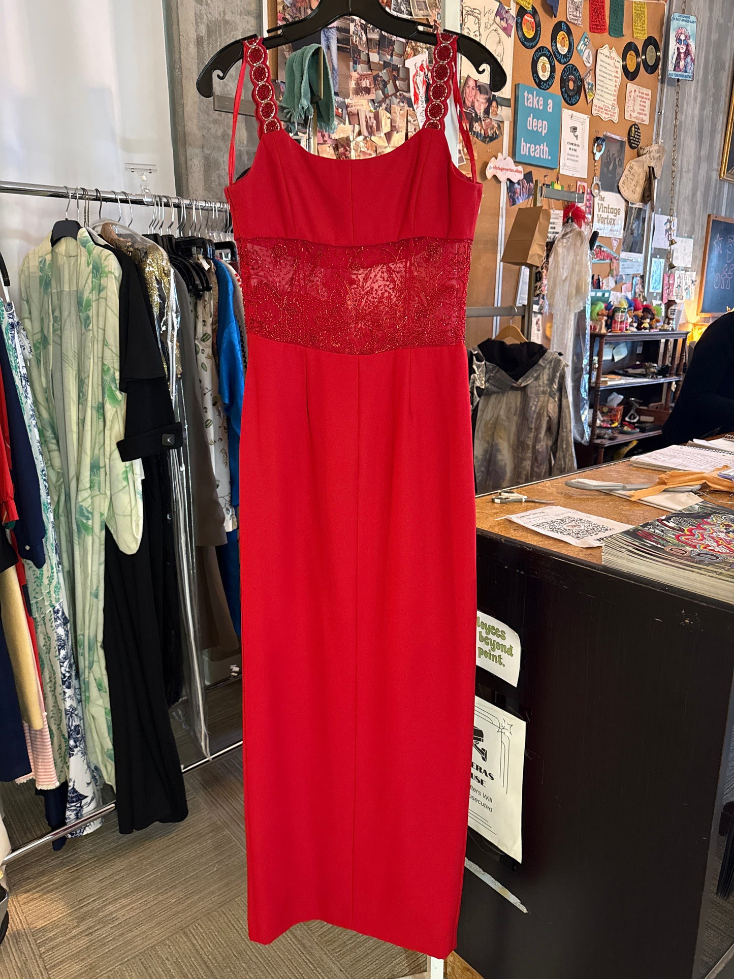 2000s Red Beaded Formal Gown