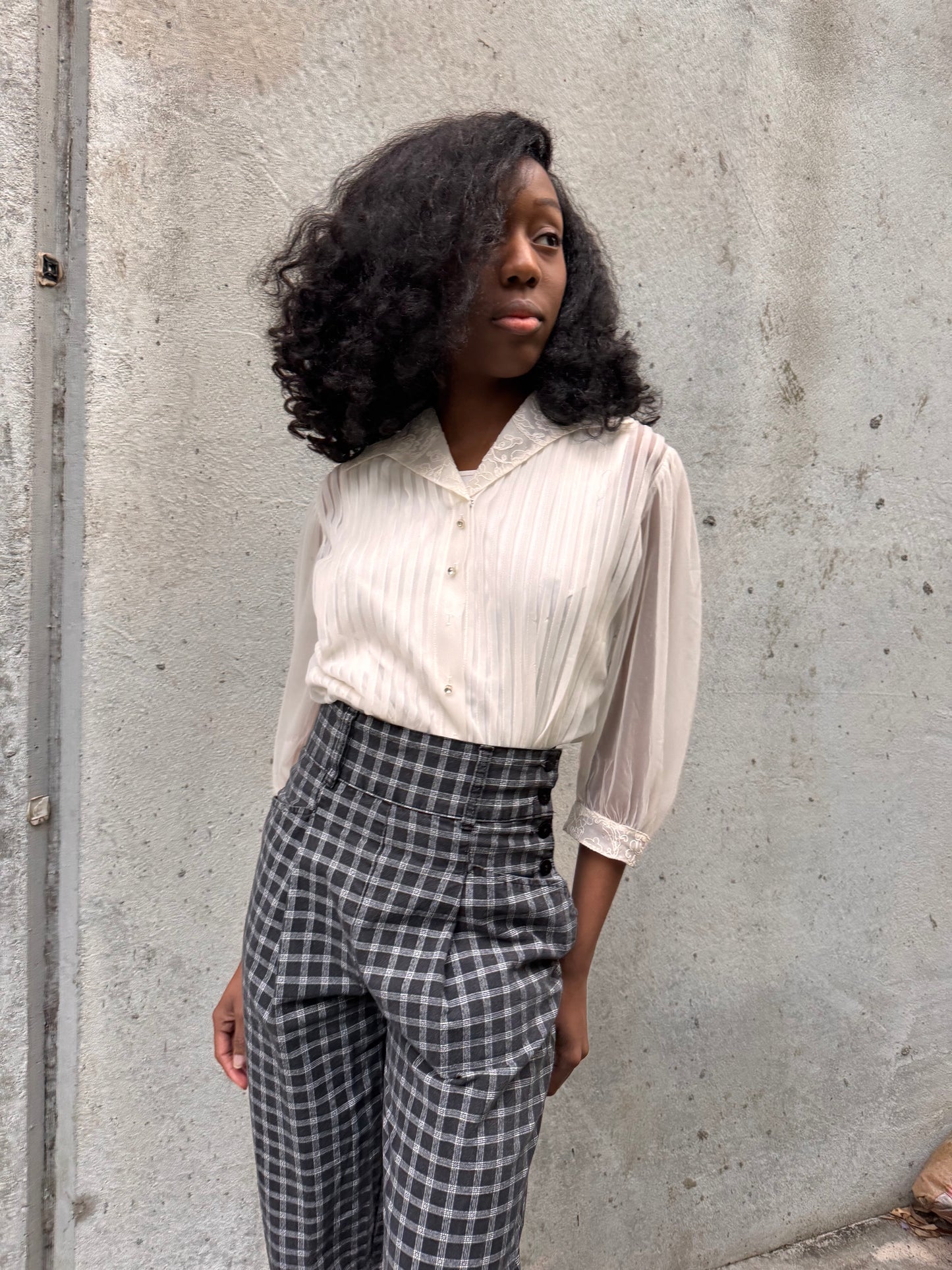 1950s White Sheer 3/4-Sleeve Pintuck Blouse
