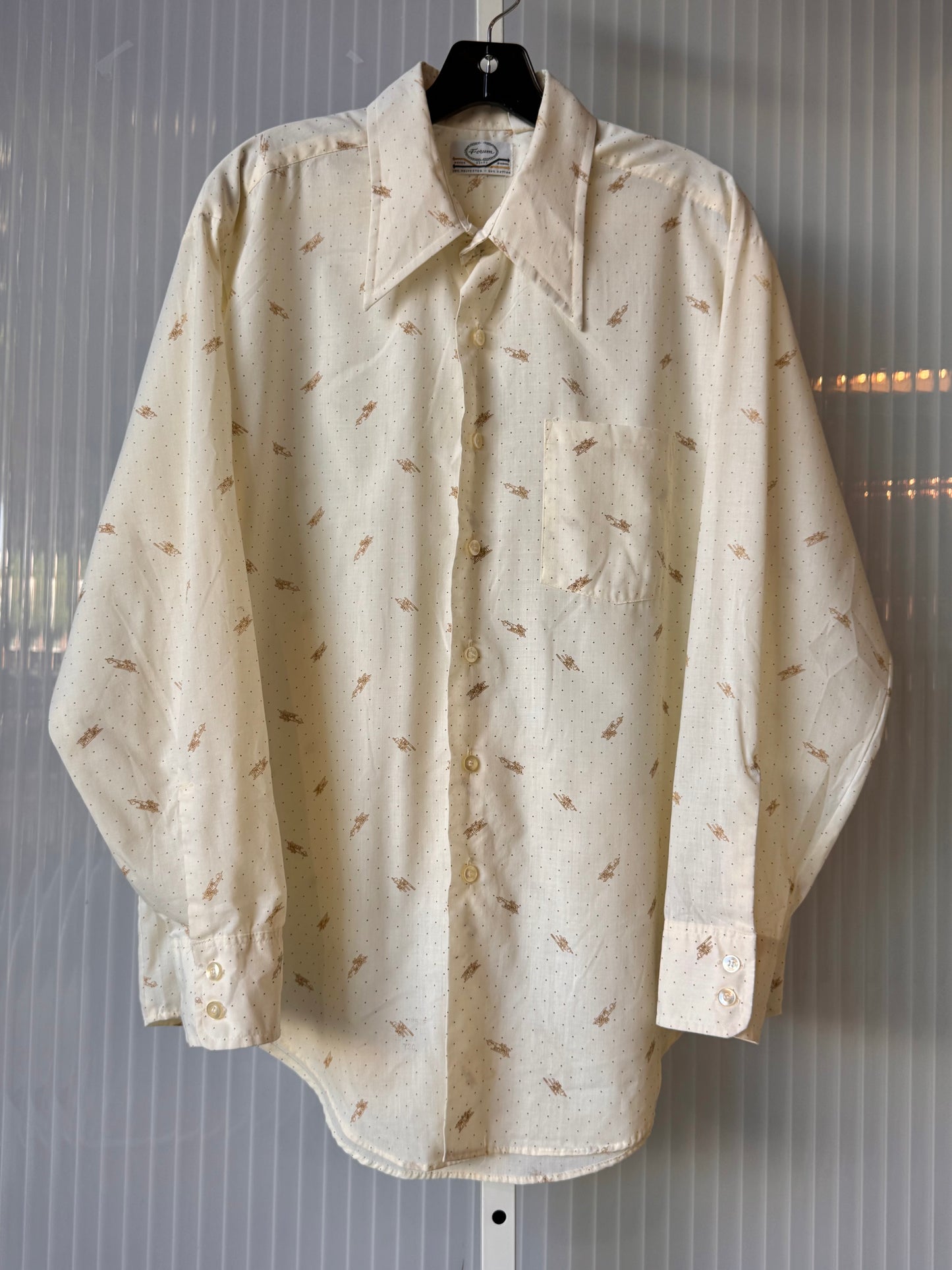 1970s Pointed Collar Cream Shirt w/ Brown Airplane Print
