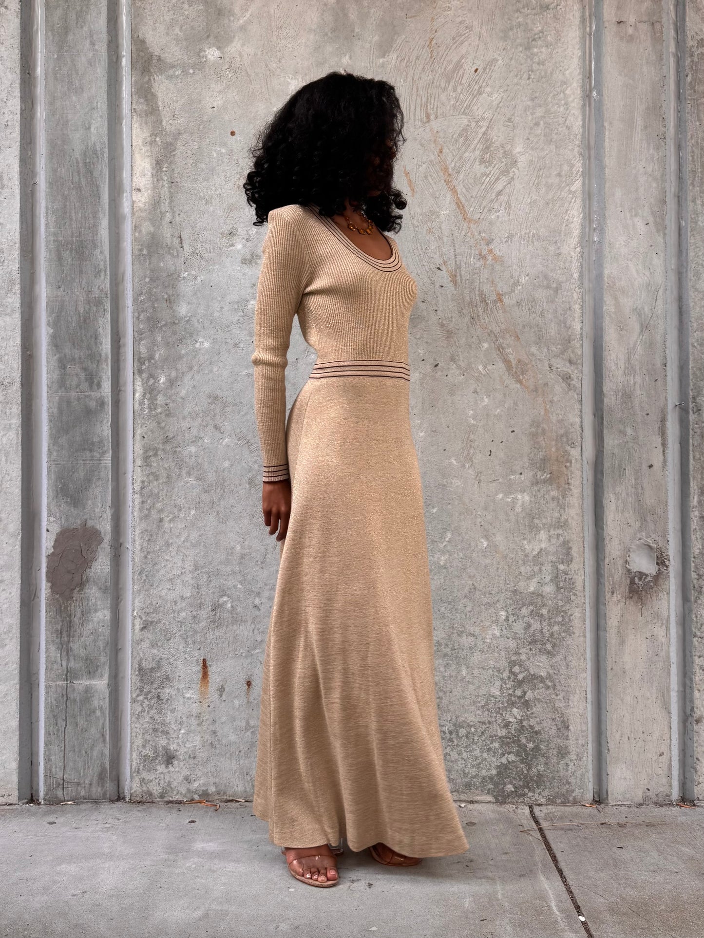 1970s Gold Sparkle Floor Length Knit Dress
