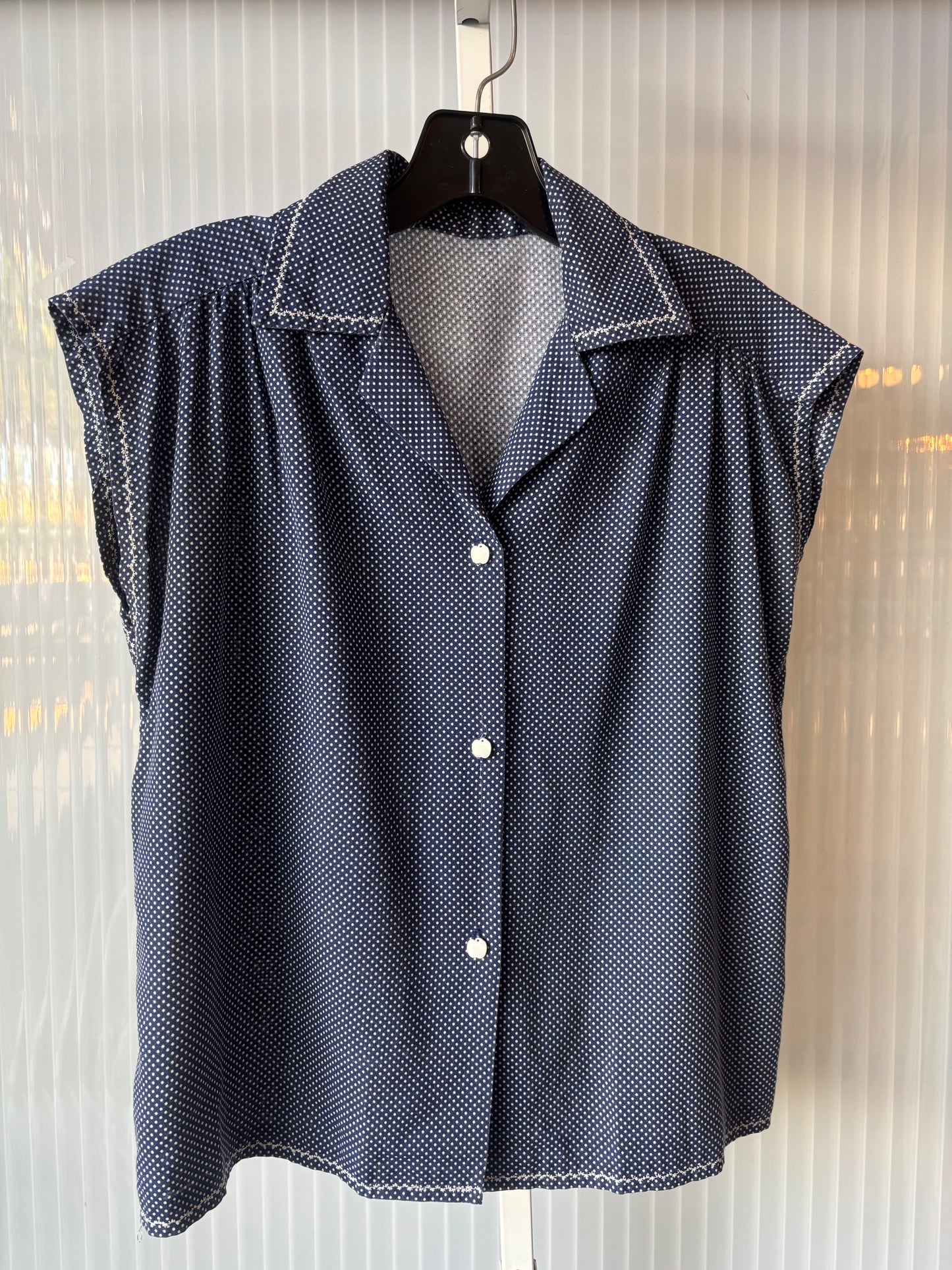 1970s Navy & White Polka Dot Apple Button-Up Blouse